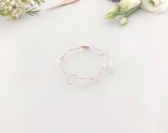 Rose Gold Pearl Wedding Bracelet, Bridal Floral Bracelet, Pearl Wedding Bracelet