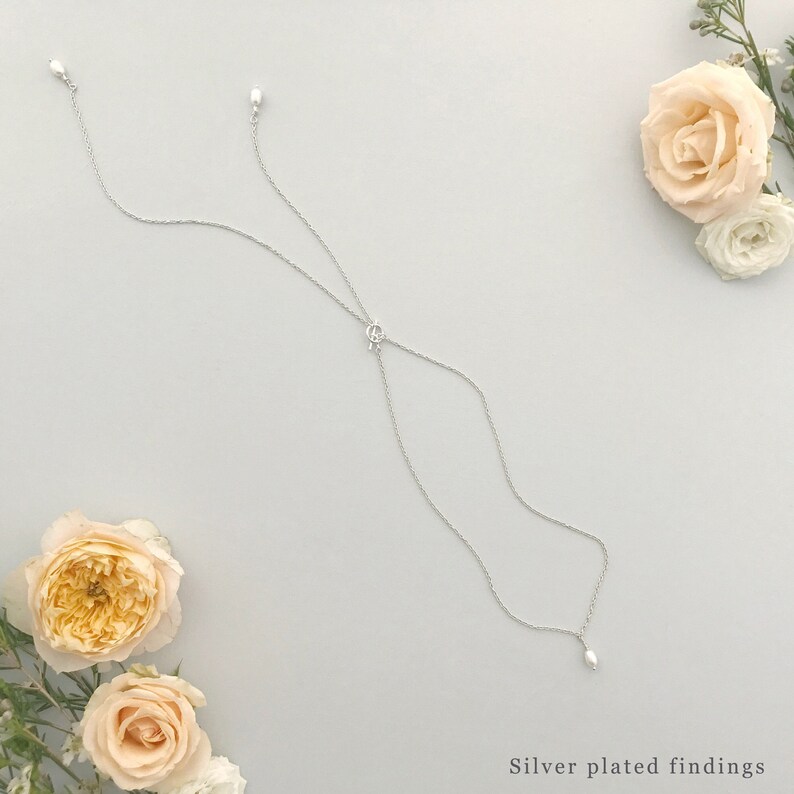 Pearl back drop necklace Silver pearl back necklace Pearl bridal back drop necklace Pearl lariat Silver lariat image 3