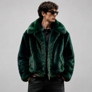 Men's Handmade Emerald Green Faux Fur Bomber Jacket, Streetwear Coat