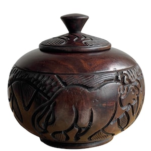 Tarro decorativo de madera africana tallado a mano con tapa / Maceta de almacenamiento tallada tribalmente, decoración rústica bohemia para el hogar
