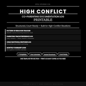 Op de afbeelding: Een zwart digitaal documentsjabloon getiteld HIGH CONFLICT CO-PARENTING DOCUMENTATION LOG PRINTABLE. Het bevat secties voor een gedragspatroontracker, een logboek voor verstoring van de oudertijd en maandelijkse overzichtslogboeken.