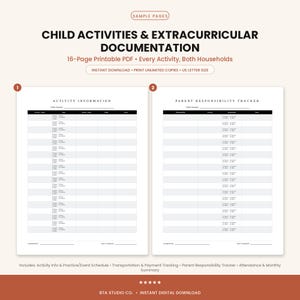 May include: A 16-page printable PDF document titled Child Activities & Extracurricular Documentation. It features two US letter size pages: an Activity Information log and a Parent Responsibility Tracker with columns for tracking schedules.