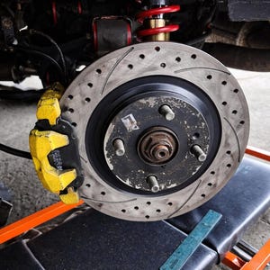 May include: Detailed view of a car's brake assembly, with a drilled brake disc and a yellow caliper. The suspension features a red coil spring. The image focuses on automotive components and repair.