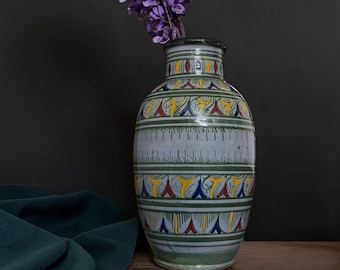 Jarrón de cerámica marroquí vintage - Hecho a mano y pintado a mano, loza esmaltada