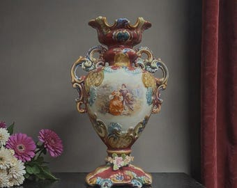 Jarrón de barro firmado, mayólica italiana de finales del siglo XIX, estilo neorococó, pieza decorativa hecha a mano.