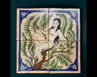 Juego de azulejos pictóricos del período Qajar persa (4 azulejos) - Hechos y pintados a mano, Irán, finales del siglo XIX y principios del XX