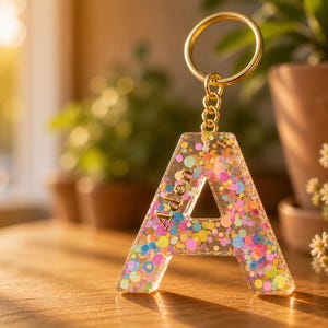 Könnte beinhalten: Ein klarer Harz-Schlüsselanhänger in Form des Buchstabens "A", gefüllt mit bunten Konfetti. Der Schlüsselanhänger hat einen goldfarbenen Ring und eine Kette. Das Wort "Alpha" ist auf den Buchstaben gedruckt. Der Schlüsselanhänger befindet sich auf einer Holzoberfläche.