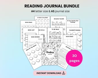 Reading journal bundle printable, book tracker, book review pages, reading challenge planner, book log, book list to read, digital download