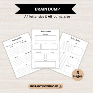 Puede incluir: Tres páginas de planificador imprimibles en blanco con texto y líneas negras tituladas Brain Dump. Las páginas incluyen secciones para gratitud, hogar, trabajo, personal, proyectos, notas, listas de tareas y pensamientos. El texto indica tamaño A4, tamaño de diario A5 y 3 páginas.