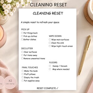 May include: A white cleaning checklist titled CLEANING RESET with sections for PICK UP, WIPE DOWN, DECLUTTER, FLOORS, and FINAL TOUCHES. It includes checkboxes for tasks like Put things back, Wipe main surfaces, and Make the beds. Two circular icons indicate A4 8.27 x 11.69 in and A5 5.83 x 8.27 in sizes.