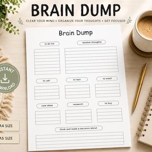 May include: A white paper planner sheet titled Brain Dump with sections for to do list, random thoughts, to call, to text, to email, new ideas, research, to buy, and think and make a decision about, featuring black text and lines on a white background.
