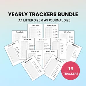 以下が含まれることがあります： A4とA5サイズの13個の年間トラッカーのバンドル。トラッカーには、ストレス、読書、習慣、気分トラッカーなどが含まれます。「YEARLY TRACKERS BUNDLE」と「13 TRACKERS」の文字が見えます。