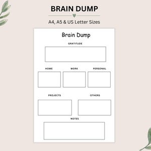 Op de afbeelding: Een witte, printbare brain dump plannerpagina met zwarte tekst en randen. De lay-out bevat secties voor Gratitude, Home, Work, Personal, Projects, Others en Notes. De tekst luidt Brain Dump en A4, A5 & US Letter Sizes.