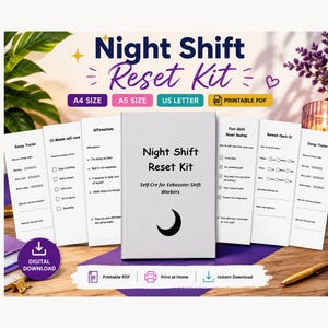 Planificateur de quart de nuit à imprimer, Journal de récupération après le quart, Suivi de la récupération du sommeil, Cahier d'exercices pour surmonter l'épuisement professionnel, Guide PDF d'autosoins pour infirmières