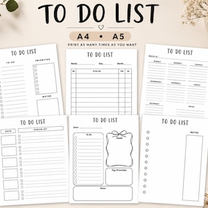 May include: A collection of six white paper to-do list templates with black text and lines. The sheets feature various layouts including daily checklists, weekly planners, and goal trackers with headers labeled A4 and A5. Each page includes the title TO DO LIST.