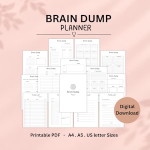 Könnte beinhalten: Eine Sammlung weißer Brain Dump Planer-Seiten mit schwarzem Text und Linien, die verschiedene Layouts für Organisation und Aufgabenlisten enthalten. Der Text lautet Brain Dump Planner und Digital Download. Enthält druckbare PDF-Dateien in A4, A5 und US-Letter.