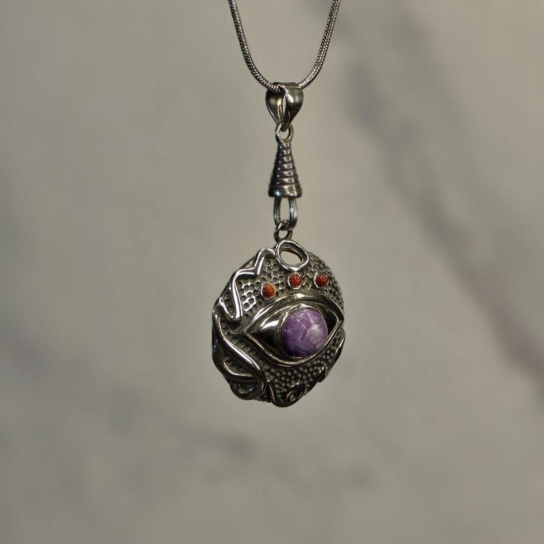 Charoite Eye Snake Pendant | S925 Sterling Silver Mystic Necklace | Gothic Gemstone Jewelry image 2