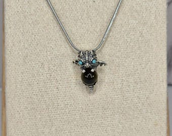Mini S925 Dragon Holding Amber Sphere | Fantasy Crystal Jewelry | Artisan Mythical Necklace