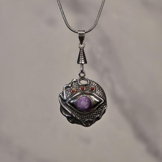 Charoite Eye Snake Pendant | S925 Sterling Silver Mystic Necklace | Gothic Gemstone Jewelry