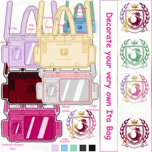 May include: A selection of Ita bags in shades of pink, yellow, and red, with transparent display windows. Features include D-rings, side pockets, and metal spikes. The text "Decorate your very own Ita Bag" is visible.