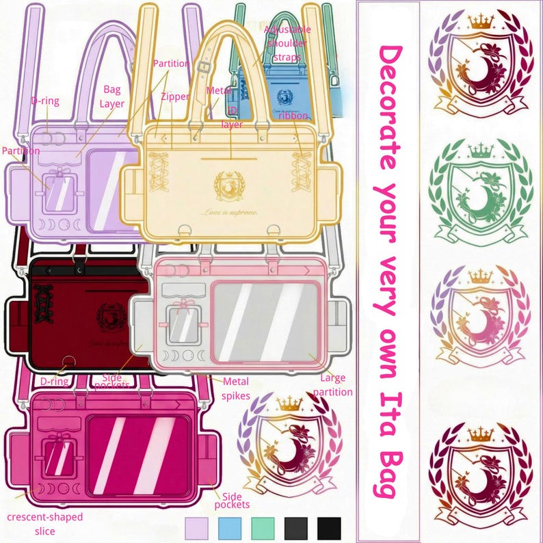 May include: A selection of Ita bags in shades of pink, yellow, and red, with transparent display windows. Features include D-rings, side pockets, and metal spikes. The text "Decorate your very own Ita Bag" is visible.