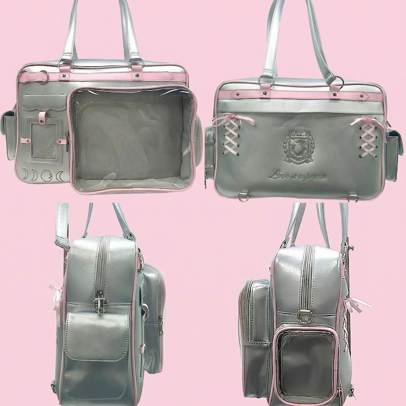 May include: Four silver-grey handbags with pink trim. The bags have top handles, multiple compartments, and decorative elements like lacing and a crest. One bag has a clear front pocket. The text "Love is supreme" is visible.