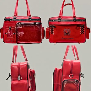 May include: Red satchel bag with black detailing. It has a clear pocket, multiple compartments, and top handles. The bag features an emblem and the text "Love is supreme".