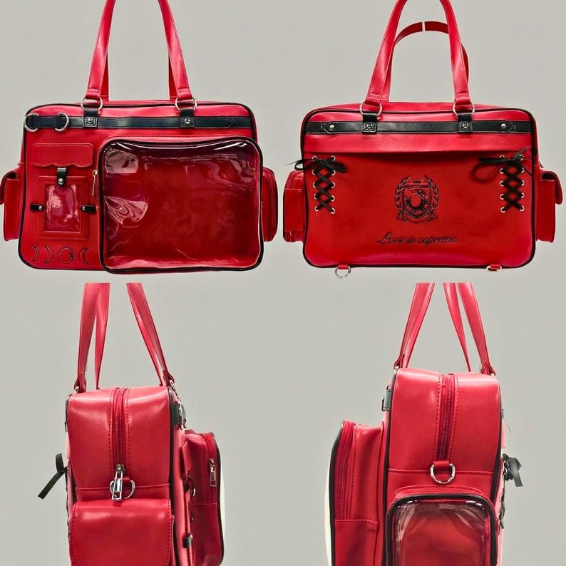 May include: Red satchel bag with black detailing. It has a clear pocket, multiple compartments, and top handles. The bag features an emblem and the text "Love is supreme".