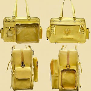 May include: Four yellow handbags and backpacks are displayed. The bags feature multiple compartments, including clear pockets. Some have handles, others straps. One bag has the text "Love is supreme".