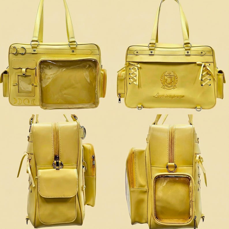 May include: Four yellow handbags and backpacks are displayed. The bags feature multiple compartments, including clear pockets. Some have handles, others straps. One bag has the text "Love is supreme".