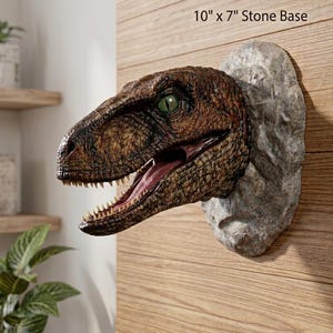 May include: A wall-mounted dinosaur head sculpture featuring brown and tan textured scales, a green eye, and an open mouth with visible teeth. The head is attached to a gray, oval-shaped stone base with the text 10" x 7" Stone Base printed above.
