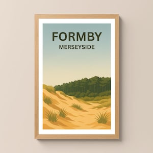 May include: A framed art print featuring a landscape scene with the text "FORMBY MERSEYSIDE" at the top. The artwork depicts sand dunes, green vegetation, and a forest under a light blue and yellow sky.