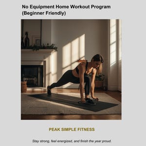 Puede incluir: Una mujer en ropa de entrenamiento realiza una zancada en una esterilla negra. La imagen incluye el texto "30-DAY HOLIDAY FAT BURN CHALLENGE" y "No Equipment Home Workout Program (Beginner Friendly)". También se ve el texto "PEAK SIMPLE FITNESS".