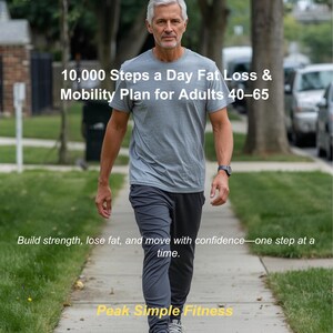 May include: An older man in athletic wear walks on a sidewalk. Text on the image reads "Joint-Friendly Walking Program," "10,000 Steps a Day Fat Loss & Mobility Plan for Adults 40-65," and "Peak Simple Fitness."