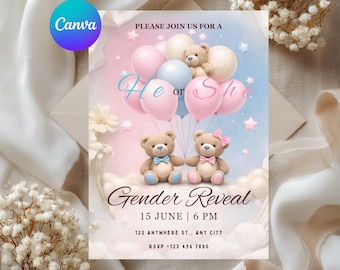 EDITABLE Teddy Bears Gender Reveal Invitation, Pink And Light Blue He or She, Teddy Bear Idea Gender Reveal Invite, Editable Canva Template