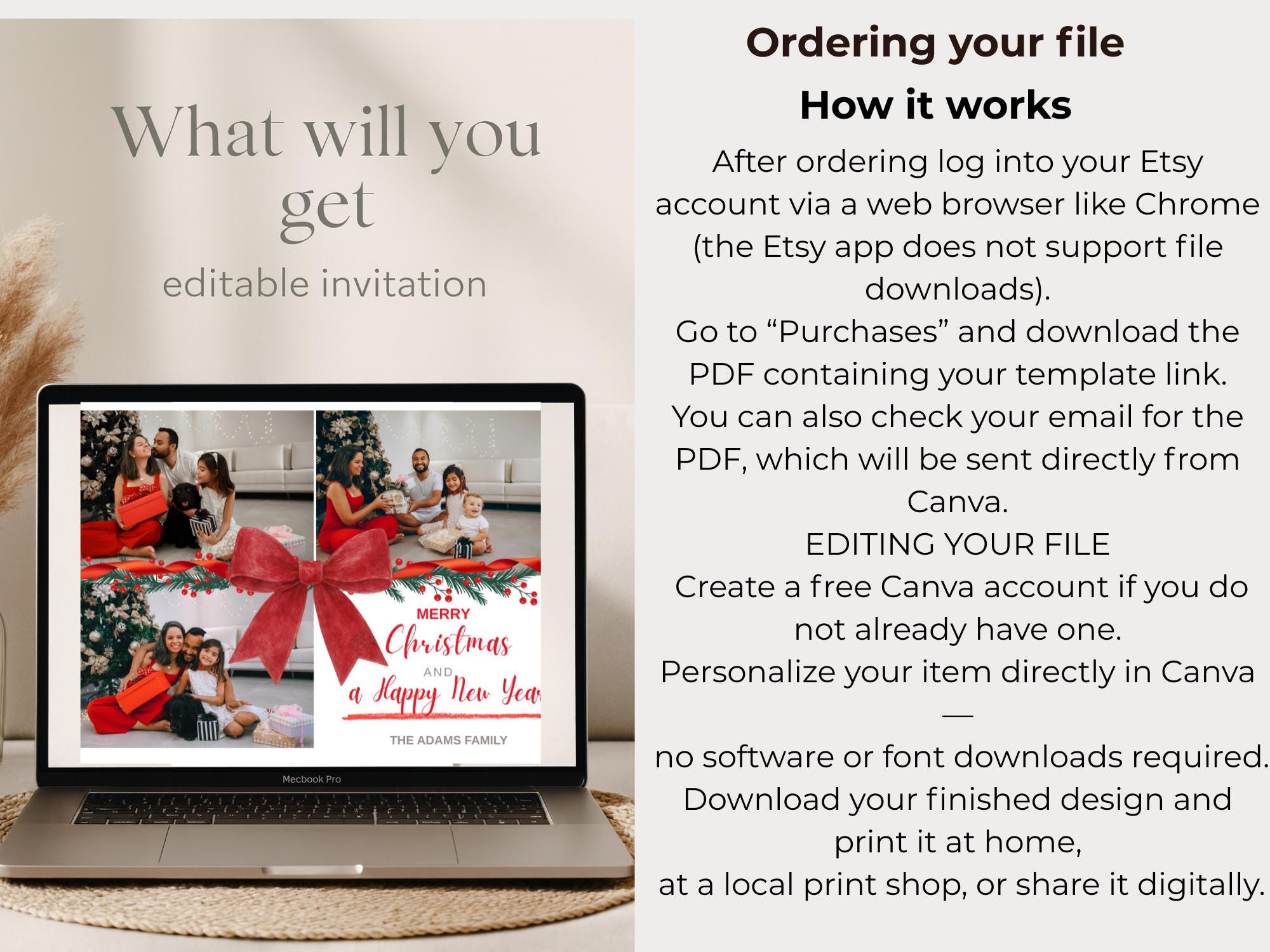 Editable Christmas Photo Card Template, Red Bow Holiday Design (canva ...