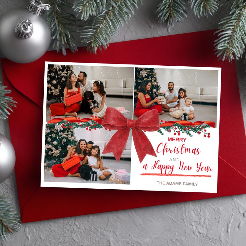 Editable Christmas Photo Card Template, Red Bow Holiday Design (canva