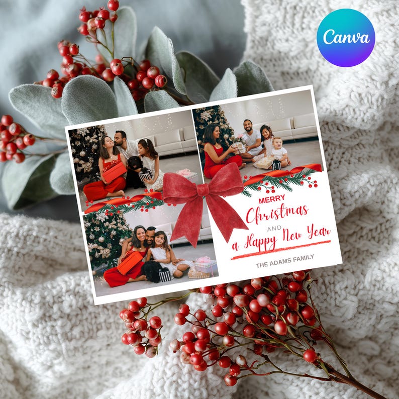 Editable Christmas Photo Card Template, Red Bow Holiday Design (canva