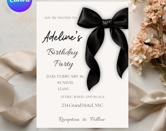 Black Bow Birthday Invitation Template: Elegant Editable Party Invite, Digital Download for Printable and Phone Format