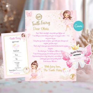 May include: A pink Tooth Fairy set includes a letter, official receipt, and certificate. The letter is addressed to Olivia and features illustrations of fairies and stars. The certificate is shaped like a tooth with wings.