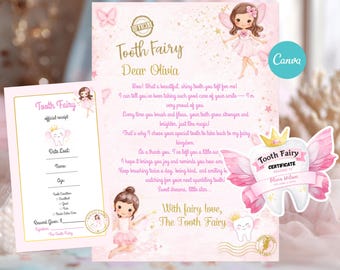 Pacchetto Canva con lettera e ricevuta della Fatina dei Denti, certificato della Fatina dei Denti modificabile, ricordo stampabile per la perdita dei denti dei bambini, download immediato.