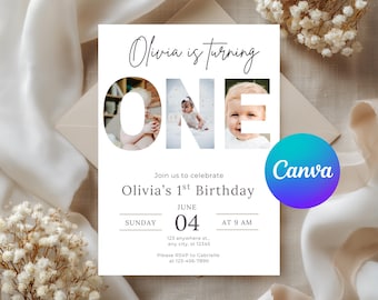 Invitación editable para el primer cumpleaños, plantilla de Canva para fotos (descarga digital)