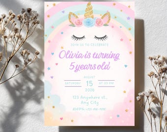 Invitación de cumpleaños de unicornio en tonos pastel, fiesta arcoíris, para niña de 5 años (invitación digital)