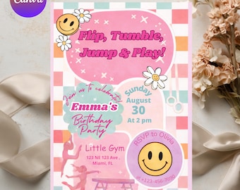 Gymnastics Birthday Invitation Template, ANY AGE, Daisy Birthday Invite, Retro Rainbow, Girl Birthday Gym Party, Girl Gymnasts
