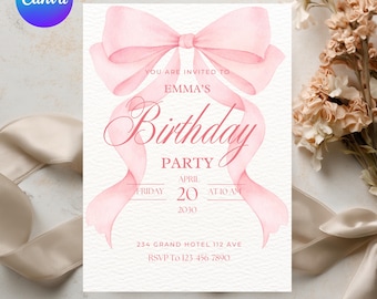 ピンクのリボンの誕生日招待状：女の子向けパーティー招待状、5x7インチ（Canvaテンプレート）
