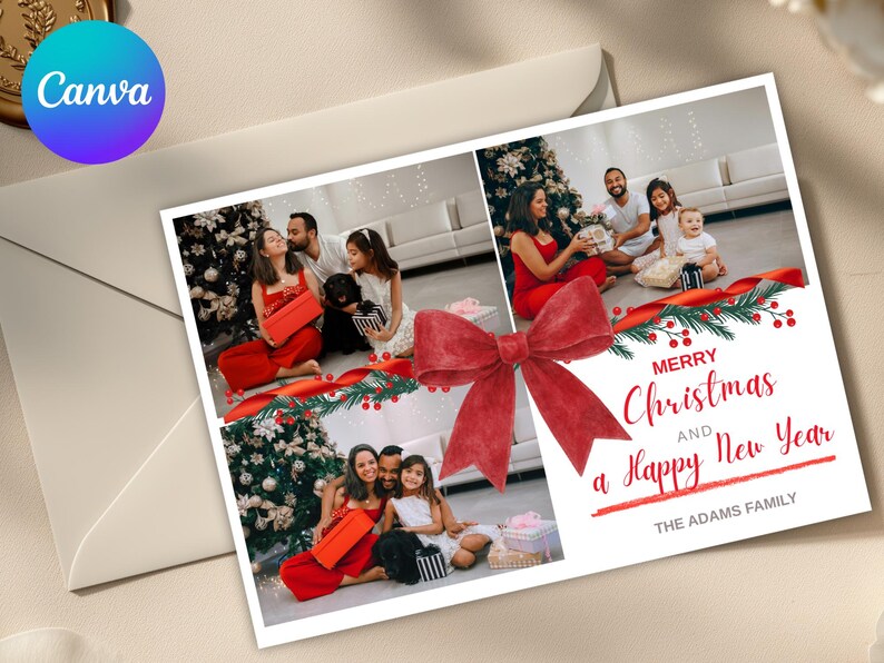 Editable Christmas Photo Card Template, Red Bow Holiday Design (canva