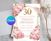 30th Birthday Invitation Template, Elegant Floral Birthday Invite, Pink Peony Gold Frame, Adult Birthday Party Invitation, Editable Print