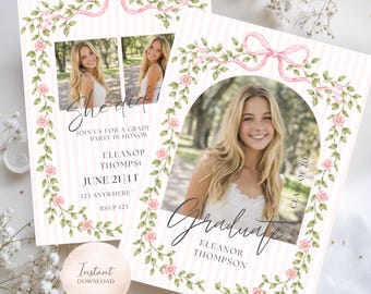 Sjabloon roze bloemen afstuderen uitnodiging, Coquette Bow Grad aankondiging 2026, Cottagecore senior foto uitnodigen, canvas, bewerkbaar, sjabloon.