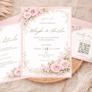 May include: A set of wedding invitations with a floral design. The invitations are in shades of pink and white, with the names "Blayke & Charlie" and the wedding details. The text "The details" and "Kindly Respond" are also visible.