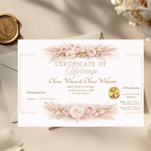 Peut inclure: Un certificat de mariage avec des accents floraux et des alliances dorées. Le document présente les noms d'Olivia Wilson et Oliver Williams, la date du 5 juin 2026 et le lieu 2201 Miami Beach, R. Comprend des espaces pour les signatures.